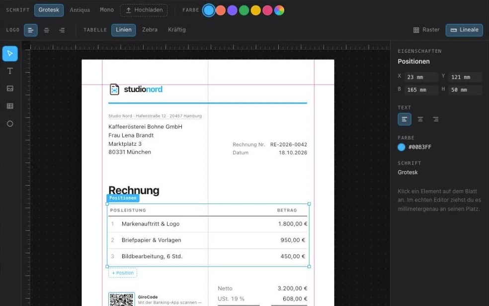 brandbill: Layout-Editor mit Live-Vorschau einer Rechnung