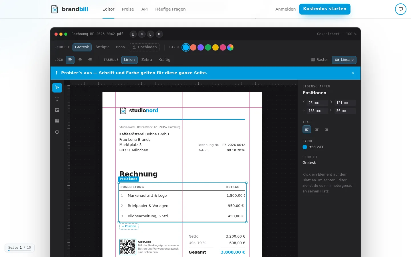 brandbill Editor: Schrift, Farbe und Logo direkt auf dem Dokument