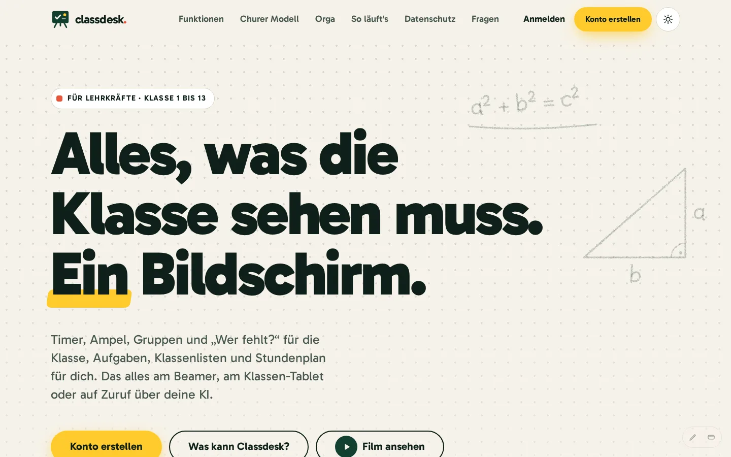 classdesk Startseite: Alles, was die Klasse sehen muss. Ein Bildschirm.