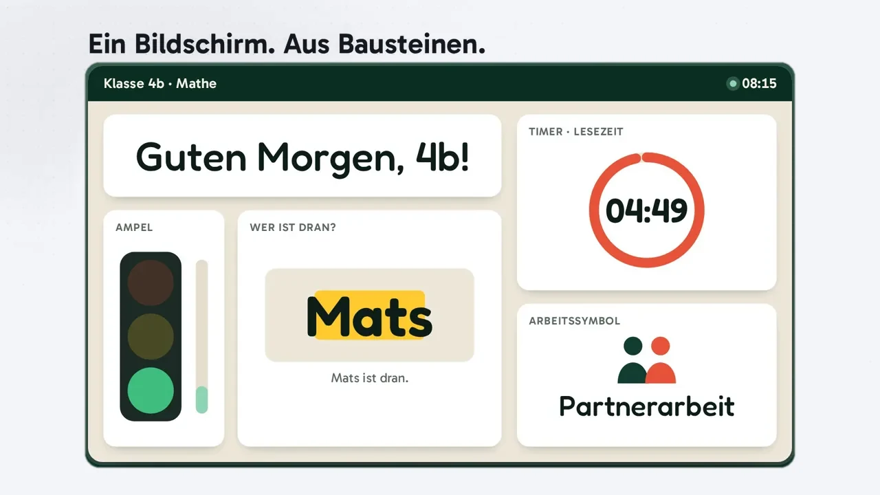 classdesk: Klassenbildschirm aus Bausteinen mit Timer, Ampel und „Wer ist dran?“