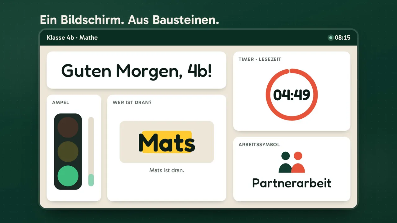 classdesk: Klassenbildschirm aus Bausteinen mit Timer, Ampel und „Wer ist dran?“